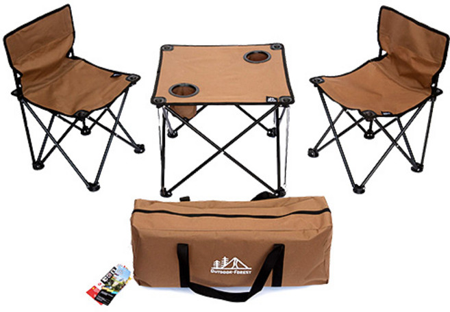 아웃도어포레스트 접이식 캠핑 의자 2개+ 테이블 1개 2인용 세트, 브라운