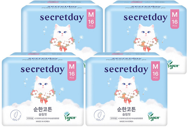 시크릿데이 순한코튼 슬림핏 생리대 날개형, 중형, 16개입, 4개