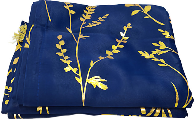 小銅板 遮光窗簾 2片, 葉子燙金深藍