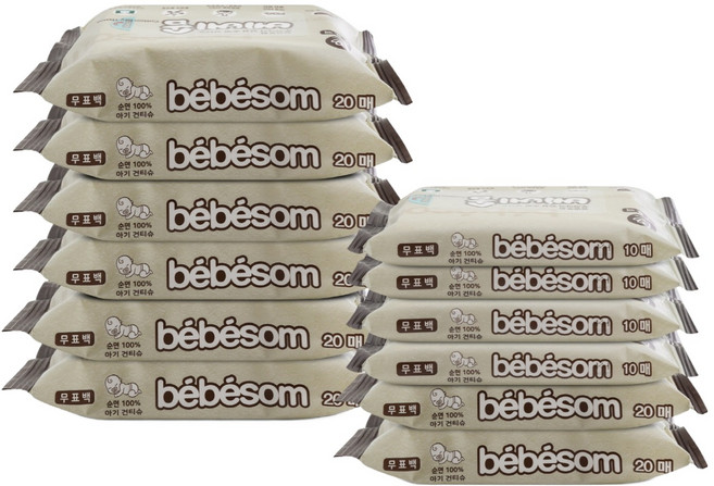 베베솜 무표백 순면 아기 건티슈 휴대용 10매x4p + 20매x8p, 1세트, 60g