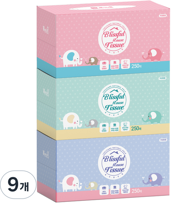 복이많은집 코끼리 천연펄프 미용티슈 250매 2겹, 1개입, 9개
