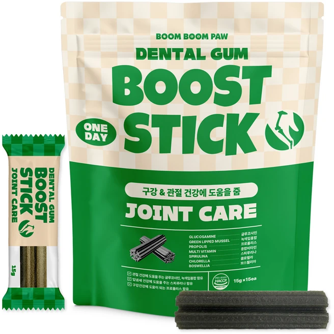 붐붐포 강아지 원데이 부스트스틱 덴탈껌, 구강 관절케어, 225g, 1개 - 쿠팡