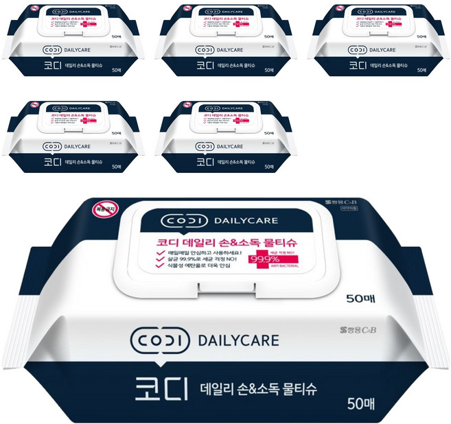 코디 데일리 손 앤 소독 물티슈 캡형, 60g, 50매, 6개