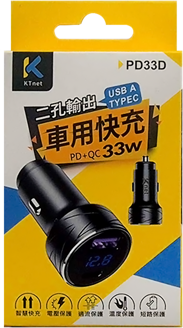 KTnet 廣鐸 鋁合金車壓顯示型 33W 2口車用充電器 PD+QC, PD33D, 黑色