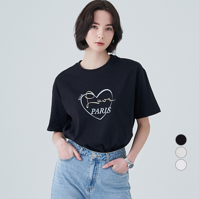 ELLE PARIS 여성용 통기성 루즈핏 Love 반팔 티셔츠