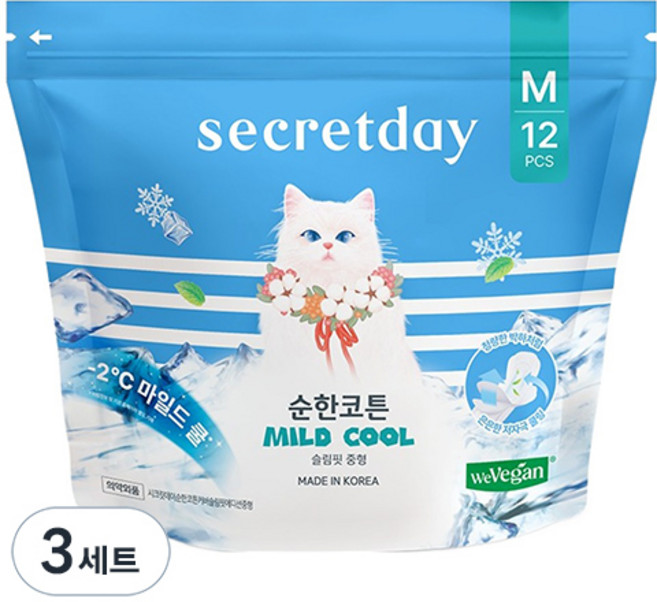 시크릿데이 순한코튼 마일드쿨 생리대 날개형, 중형, 12개입, 3세트