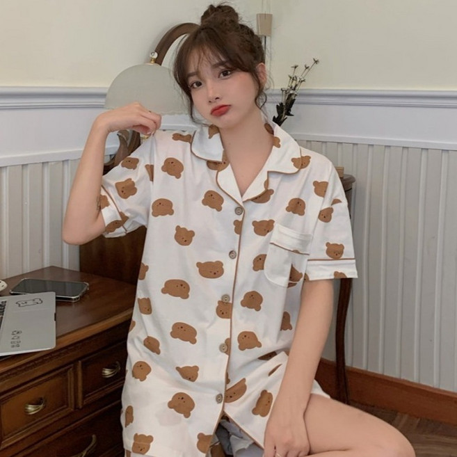 Elsso 情侶款翻領短袖短褲睡衣套組