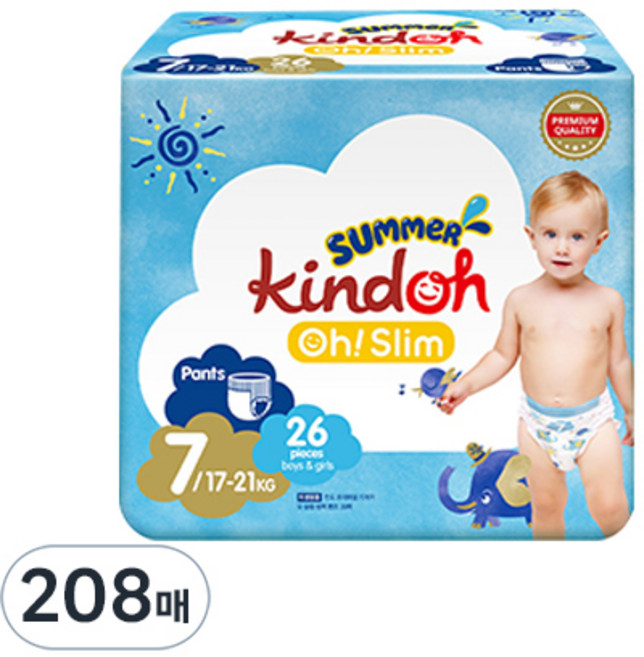 킨도 프리미엄 오 슬림 썸머팬츠 팬티형 기저귀 남여공용, 7단계, 208매