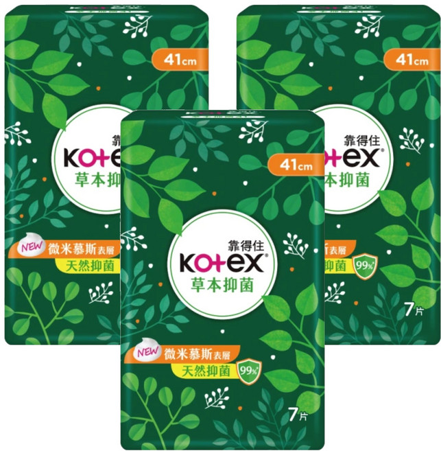 Kotex 靠得住 草本抑菌衛生棉, 41cm, 7片, 3包