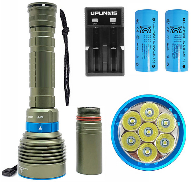 미나티 전문가용 7구 충전식 수중 랜턴 LED 후레쉬 J46 + 5000mAh 풀세트, 1세트, 카키