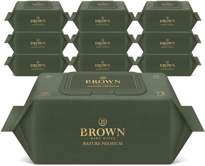 브라운 네이처 프리미엄 도톰한 아기 물티슈 엠보싱 저자극 캡형, 75g, 72매, 10개
