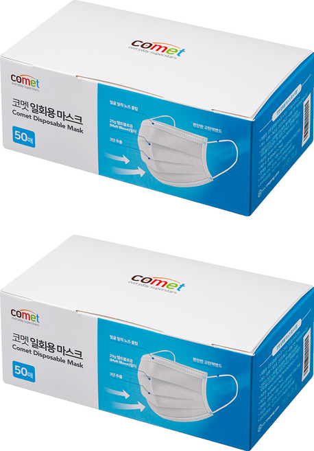comet 平面口罩 成人用, 白色, 50片, 2盒