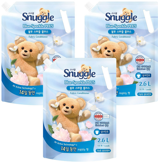 스너글 섬유유연제 블루스파클 플러스 리필, 2.6L, 3개