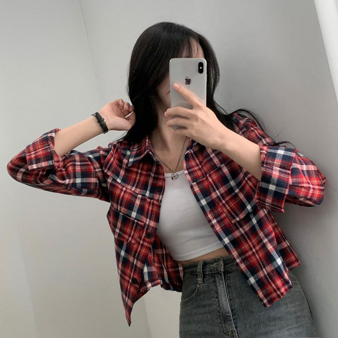 PEONIST 女款格紋翻領格紋圖案長袖襯衫
