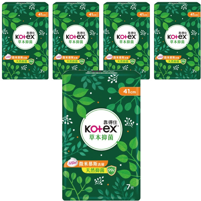 Kotex 靠得住 草本抑菌衛生棉, 41cm, 7片, 5包