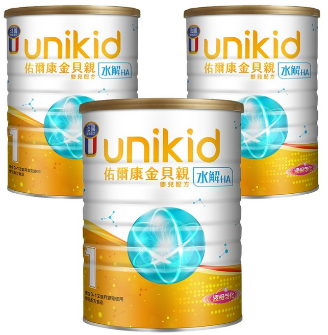 unikid 佑爾康 金貝親水解嬰兒配方 1號, 850g, 3罐
