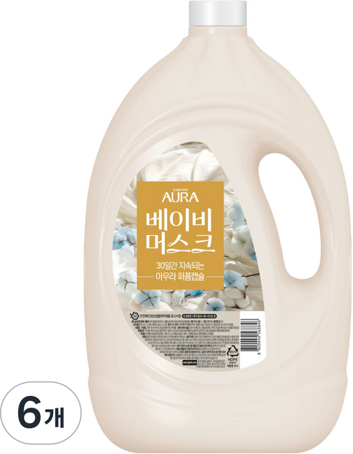 아우라 퍼퓸캡슐 초고농축 섬유유연제 베이비머스크 본품, 3.1L, 6개