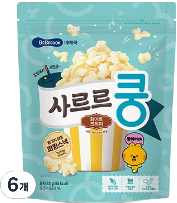 베베쿡 사르르쿵 과자 화이트크리미, 옥수수, 23g, 6개