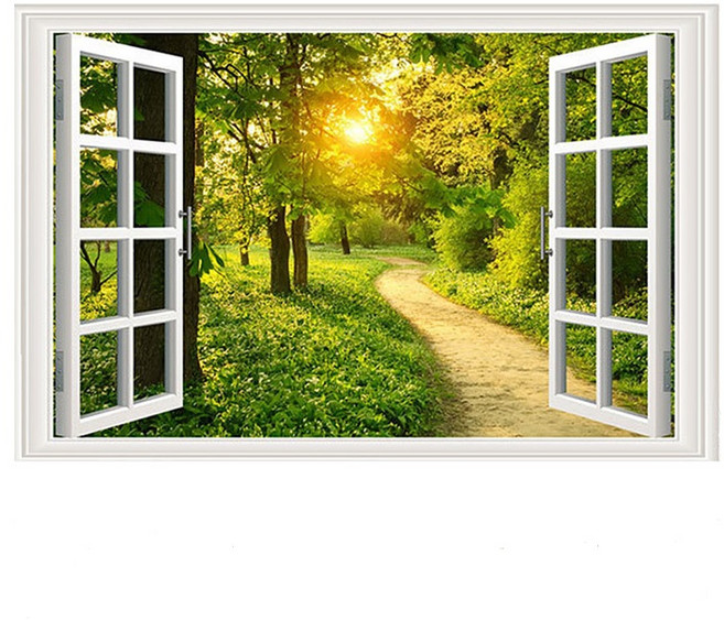 WA. WALL ART 防水PVC 無痕設計壁貼 FX82050 1張, 窗框/假窗/森林/步道/風景 綠色 + 白色