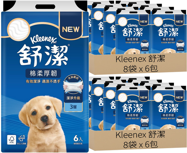 Kleenex 舒潔 棉柔厚韌抽取衛生紙 90張, 6包, 16袋