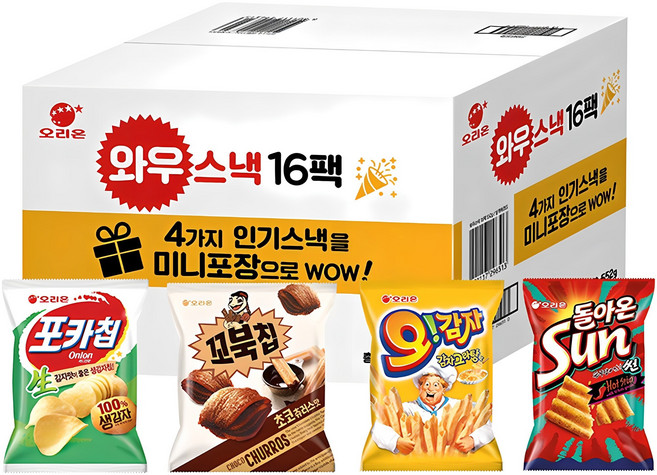 오리온 와우스낵 선물세트 16팩, 포카칩 + 꼬북칩 + 오감자 + 돌아온썬칩, 1세트