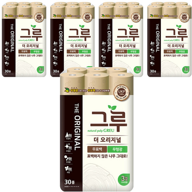 그루 THE 오리지널 3겹 천연펄프 롤화장지, 30m, 30롤, 5개