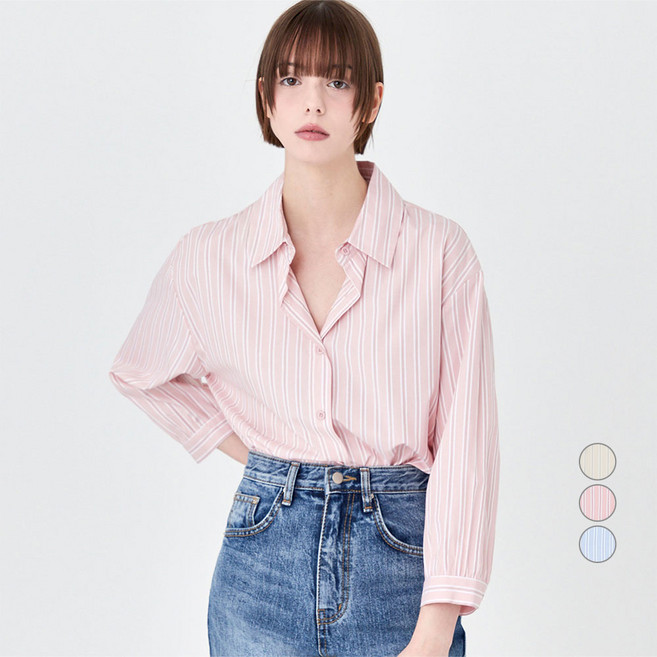 ELLE PARIS 여성용 스트라이프 7부 소매 블라우스