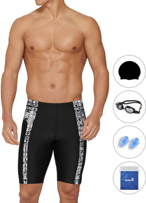쿠아로 남성용 5부 빅사이즈 실내수영복 + 수모 + 수경 + 귀마개 + 비닐백 세트 ILM516S