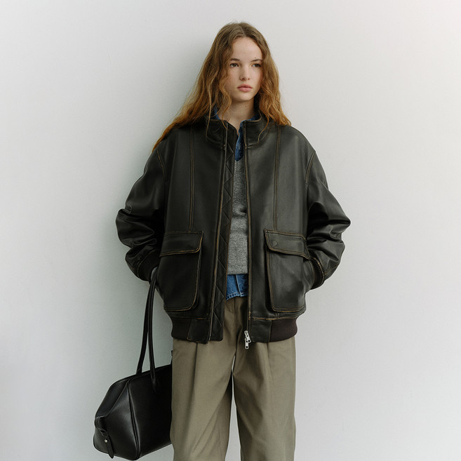 Dunst 男女通用立領皮革飛行夾克 UDJU6A104