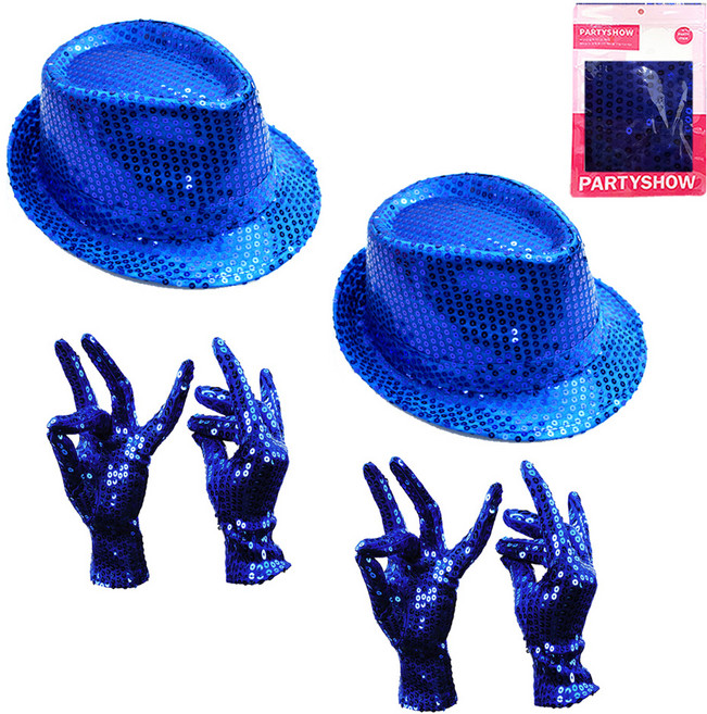파티쇼 파티 스팡클 장갑 블루 양손착용 2p + 반짝이 신사모자 블루 2p, 1세트