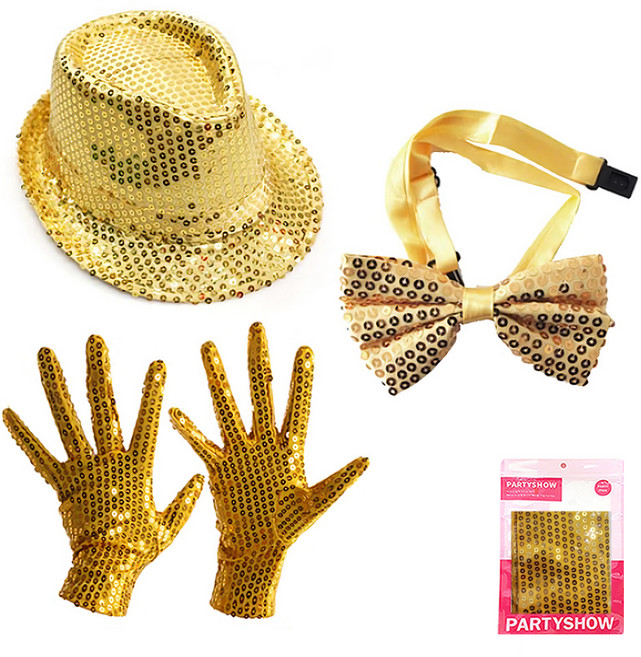 파티쇼 파티 스팡클 장갑 골드 양손착용 + 반짝이 신사모자 골드 + 럭셔리 나비넥타이 중 양면골드, 1세트