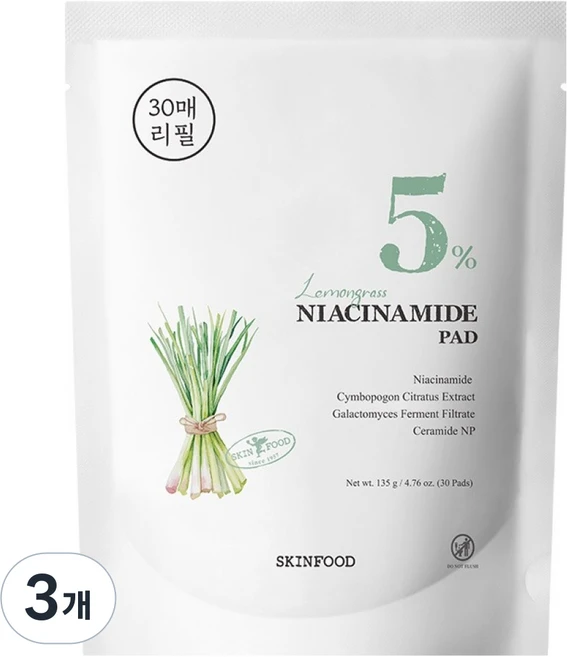 스킨푸드 레몬그라스 나이아신아마이드 5% 패드 리필 135g, 3개, 30매입 - 쿠팡