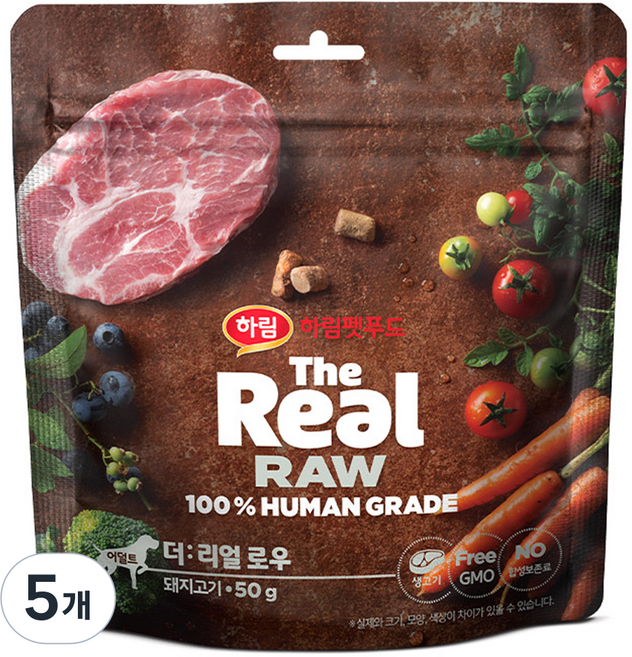 하림펫푸드 어덜트 강아지 더리얼 로우 건조사료, 돼지, 50g, 5개