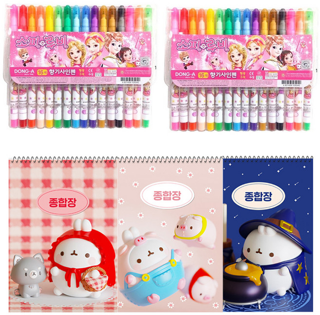 동아연필 소피루비 사인펜 16색 2p + 몰랑이두툼종합장 3p 세트, 혼합색상, 랜덤발송(종합장), 1세트