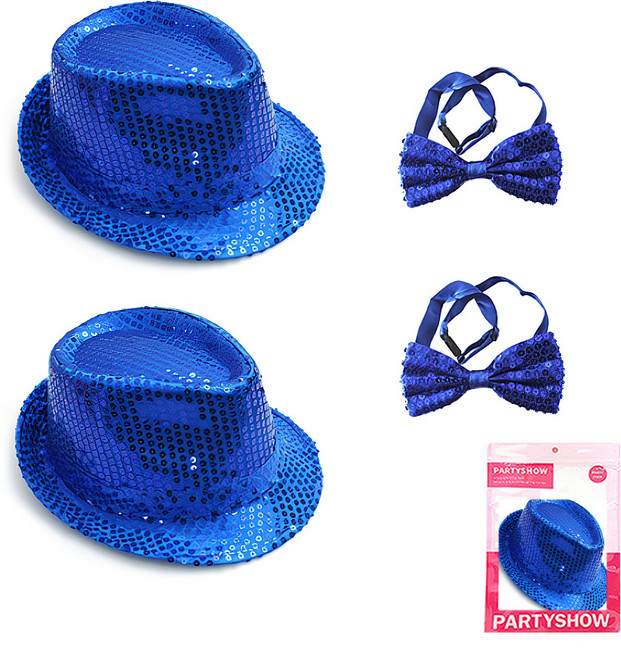 파티쇼 반짝이 신사모자 2p + 나비 넥타이 소 2p, 블루, 1세트