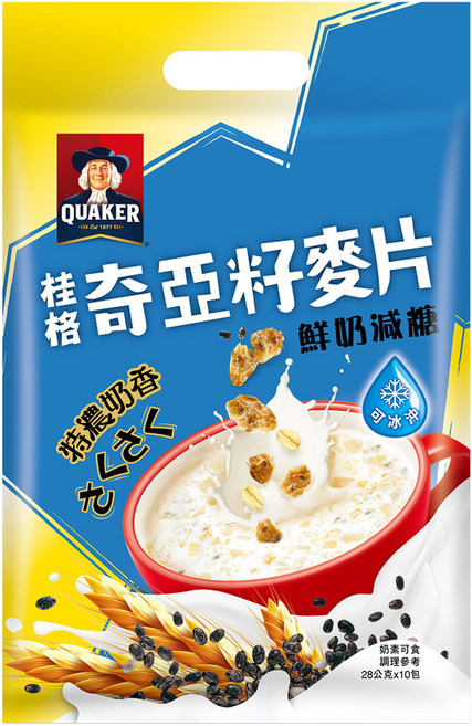 QUAKER 桂格 奇亞籽麥片 特濃鮮奶減糖, 280g, 1袋