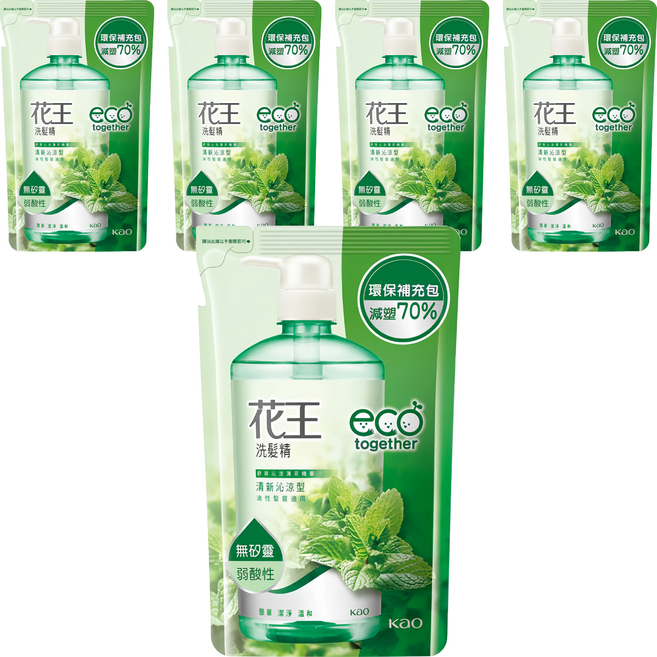 Kao 花王 洗髮精 清新沁涼型 補充包 550ml 油性髮質適用 無矽靈 弱酸性, 5包
