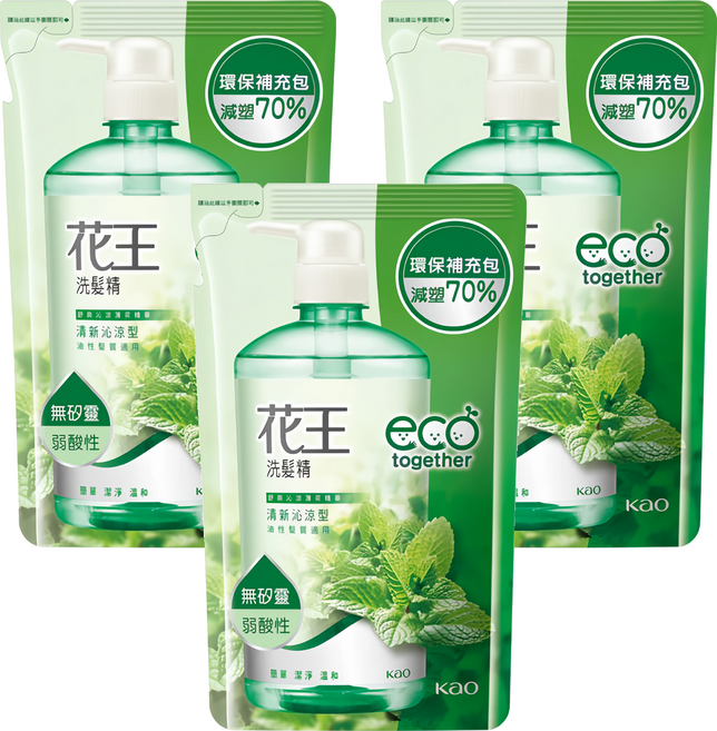 Kao 花王 洗髮精 清新沁涼型 補充包 550ml 油性髮質適用 無矽靈 弱酸性, 3包