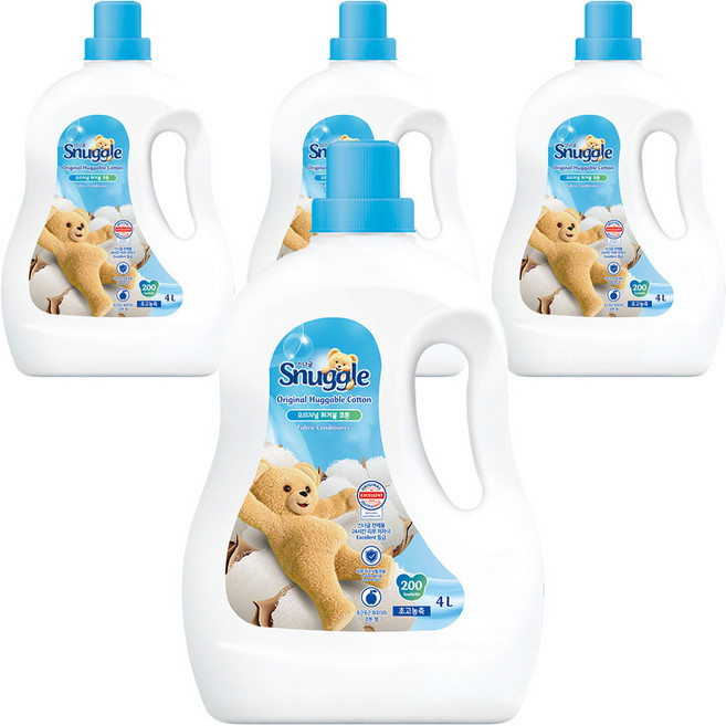 스너글 초고농축 섬유유연제 오리지널 허거블 코튼 본품, 4L, 4개