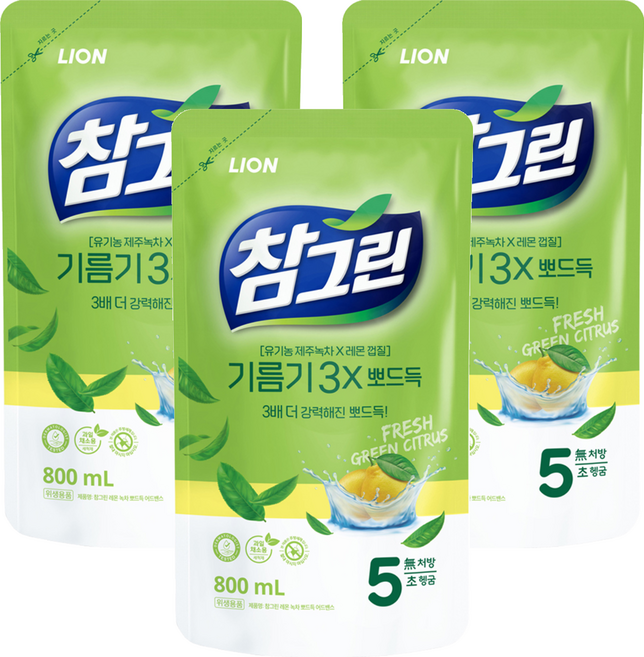 LION 獅王 Chamgreen 濟州綠茶洗碗精補充包, 800ml, 3包
