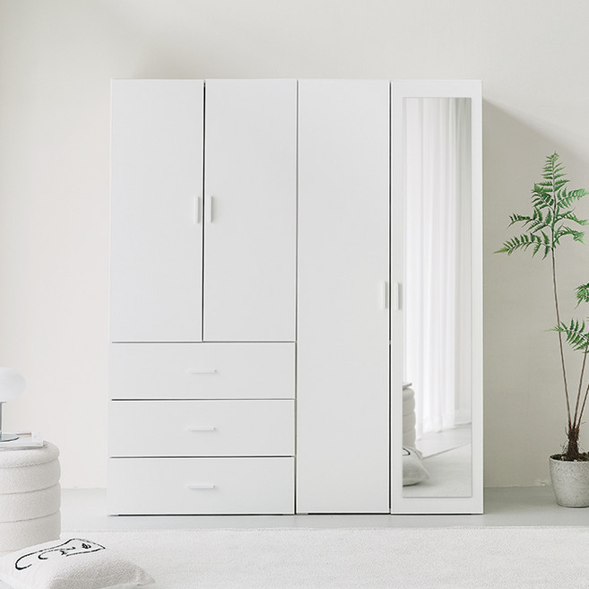 퍼리든 리르안 옷장 3단 서랍형 800+1단 행거 선반 거울형 800 장롱세트, 화이트