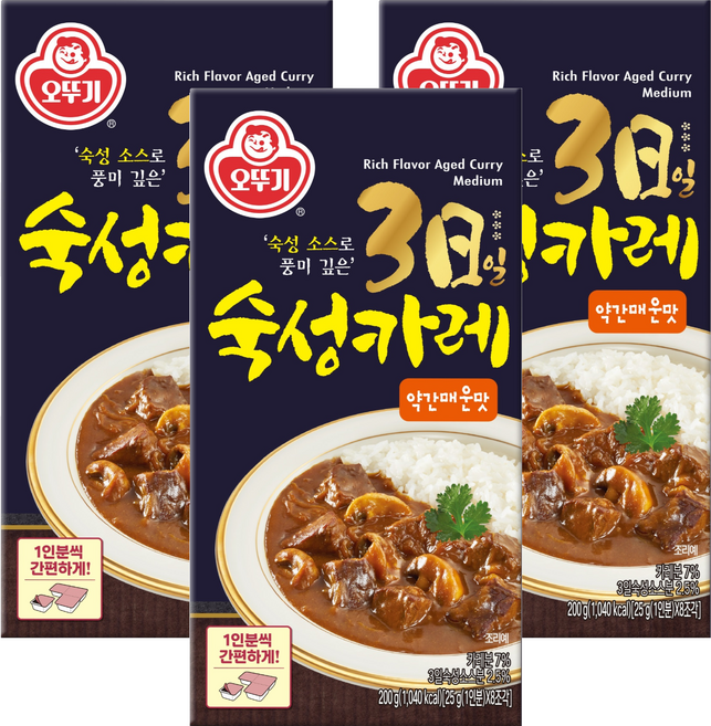 오뚜기 3일 숙성카레 약간 매운맛 고형, 200g, 3개