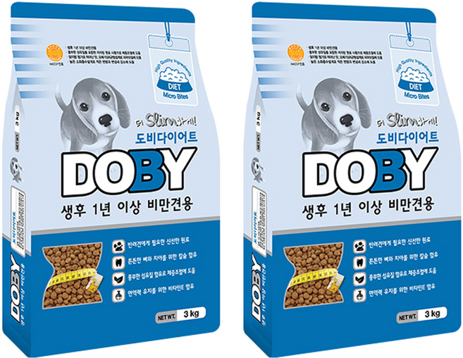 인터펫코리아 도비 어덜트 강아지 다이어트 건식사료, 곡물, 3kg, 2개