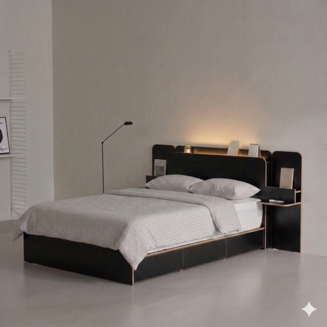 눕 로브 호텔 LED 3단 수납침대 프레임 + 협탁2p + 유로탑 본넬 매트리스 세트 방문설치, 프레임(블랙) + 협탁(블랙) + 매트리스(화이트)