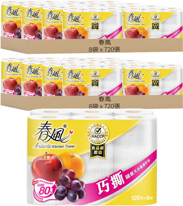 春風 秒吸收廚房紙巾 120張, 6捲, 16袋