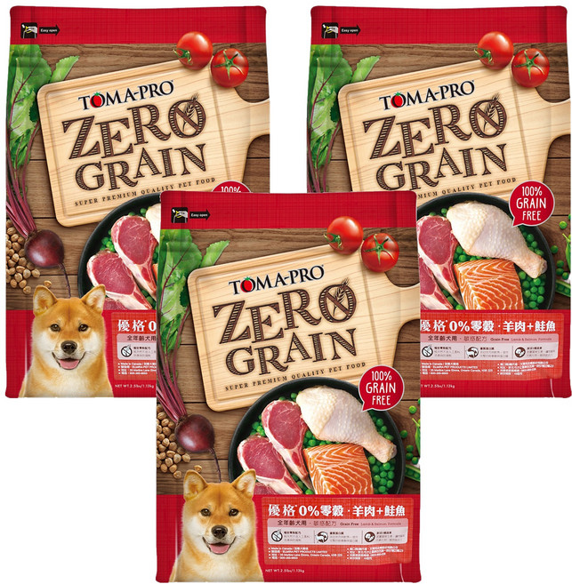 TOMA-PRO 優格 全齡犬用 零穀乾糧, 羊肉 + 鮭魚, 1.13kg, 3袋