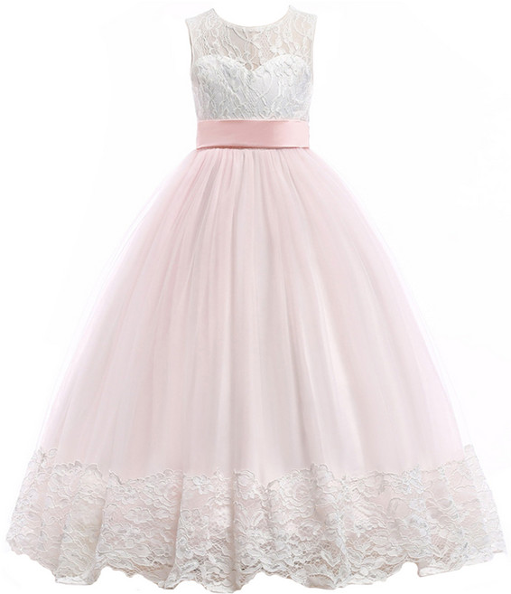 愛北鼻之家 拼接粉色刺繡蕾絲緞帶長裙禮服