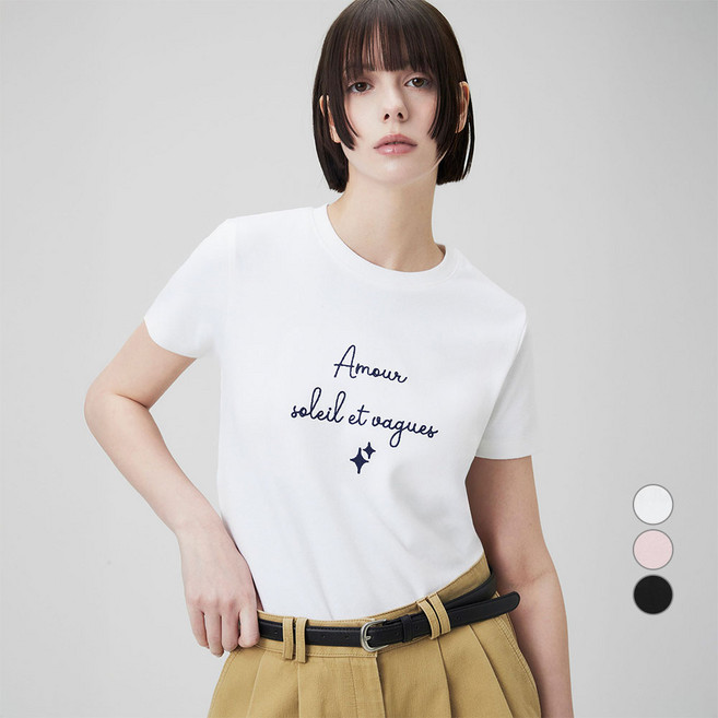 ELLEPARIS 여성용 통기성 슬림핏 자수 그래픽 반팔 립 Amour 티셔츠