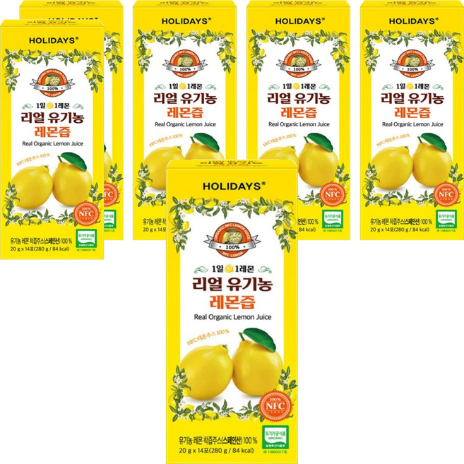 홀리데이즈 NFC 착즙 100% 리얼 유기농 레몬즙 14포, 280g, 6개