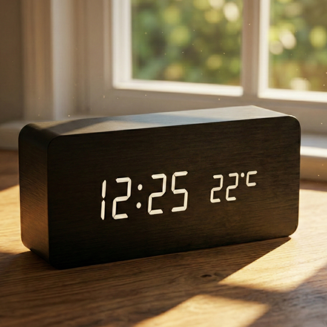 A-BIN LED 北歐靜音鬧鐘桌鐘, 黑色(木質) + 白色(文字)